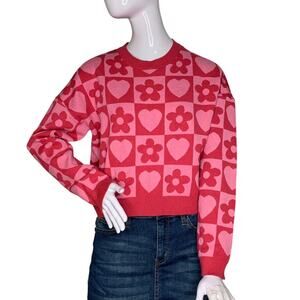 Debut Fine Knit Crewneck Cropped Sweater Flowers Hearts Print Red/Pink Size L